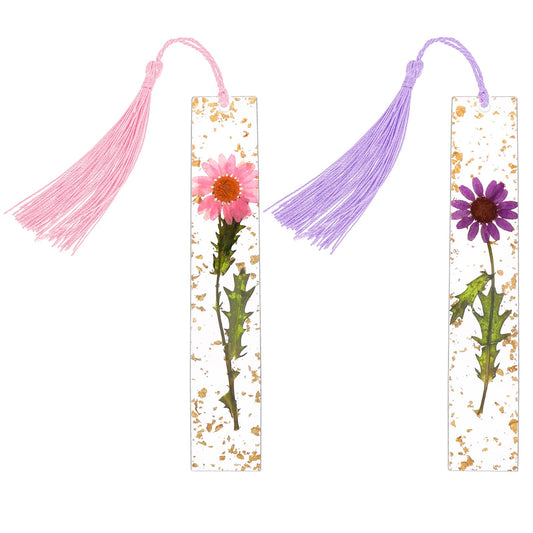 Bewudy Dried Flower Bookmarks with Tassels, Dried Flower Resin Bookmarks Handmade Transparent Floral Dried Flower Page Marker with Colorful Silky Tassel for Women Girls Gift (2pcs Pink)
