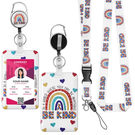 Amaxiu Boho Rainbow Badge Card Holder Lanyard Set, Hard Plastic Cute ID Card Holder with Retractable Badge Reel and Detachable Neck Lanyard Heavy Duty ID Card Protector for Nurse Teacher (B)