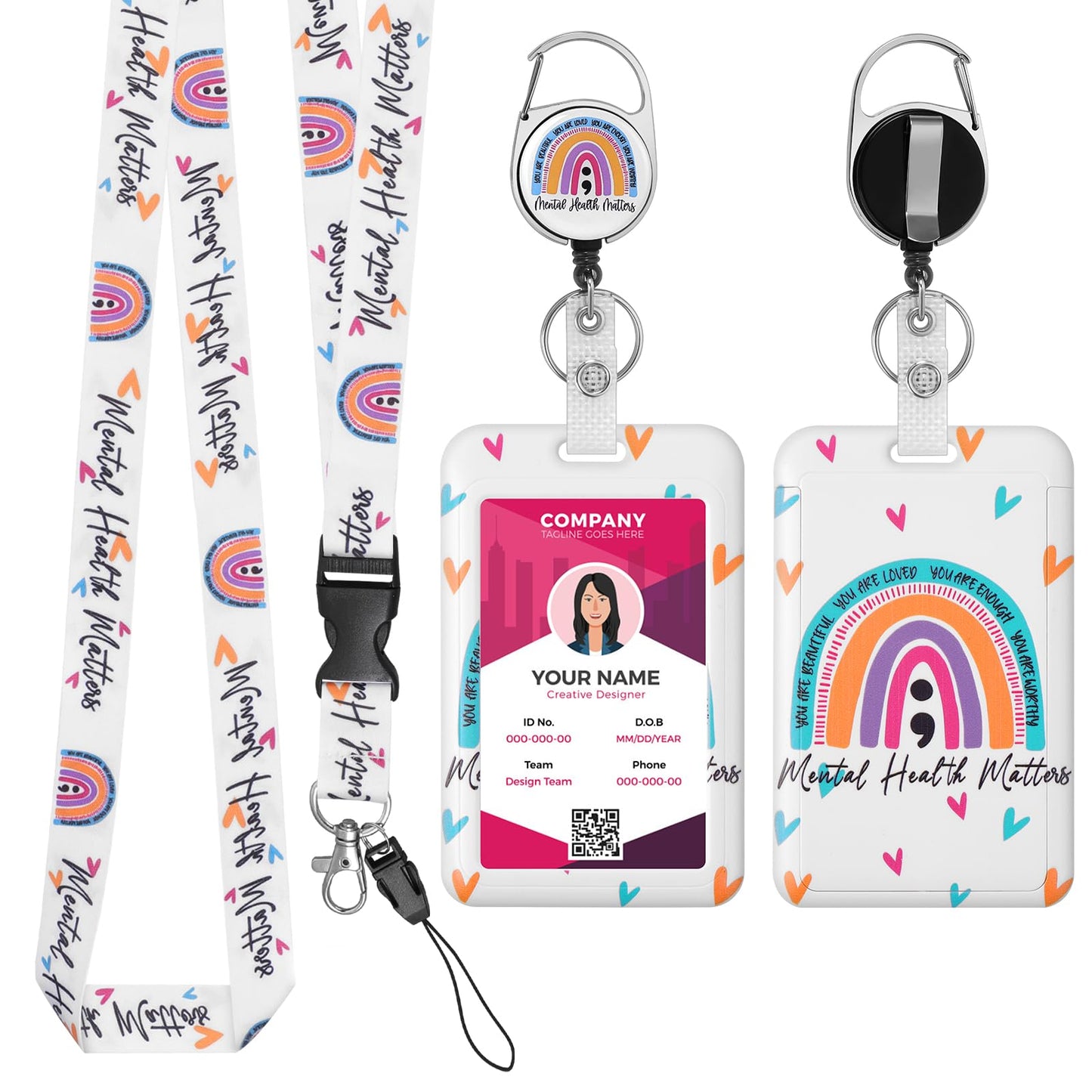 TIESOME Retractable Lanyard with ID Card Holder Set, Boho Rainbow Plastic Card Holder with Detachable Lanyard and Badge Reel Clip ID Protector Hard Badge Holder for Nurse Doctor Teacher(D)