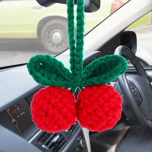 AOZUO Cherry Car Accessories, Car Rear View Mirror Hanging Ornament, Cute Red Crochet Handmade Car Accessory Woven Rearview Hanging Charm for Women Bag Keychain Adjustable Car Pendant Decor