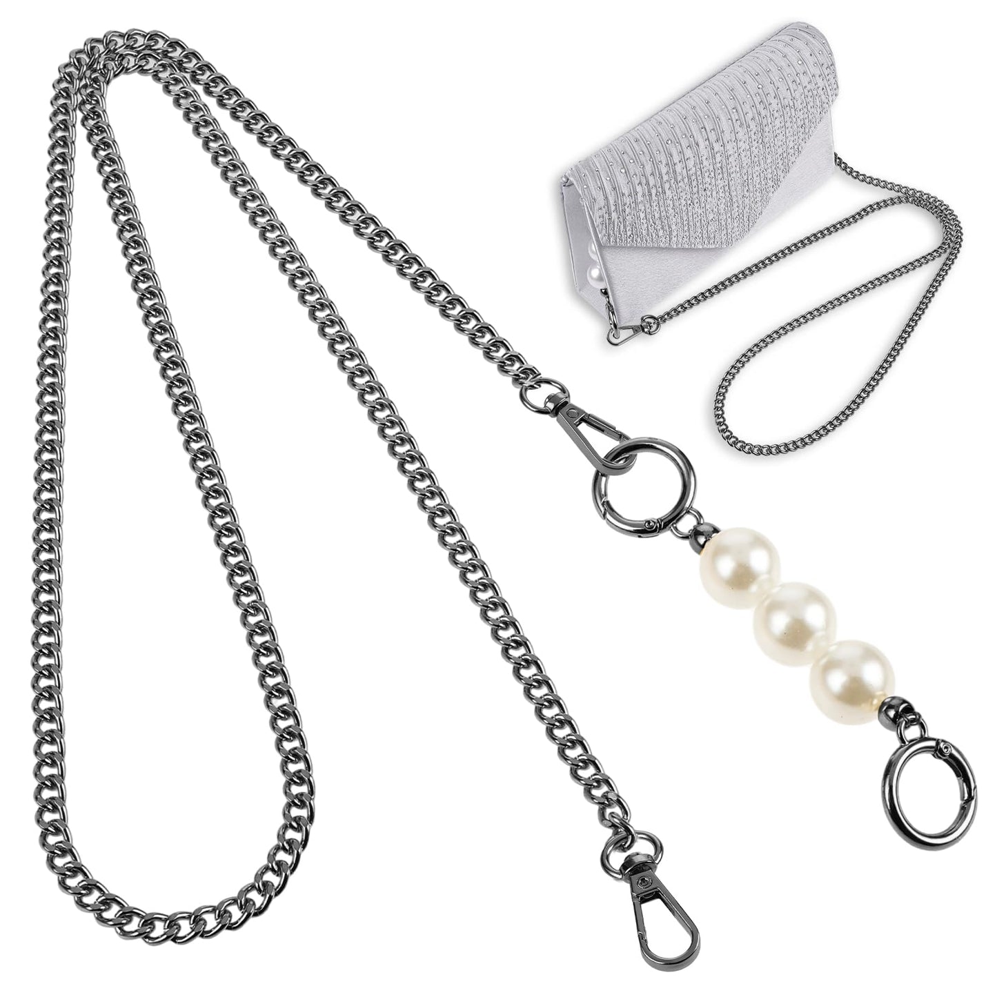 TIESOME Metal Chain Purse Strap with Pearl, Shoulder Bags Chain Strap Replacement, Crossbody Bag Replace Chain Long Handbag Chains DIY Cross Body Bag Chain for Women 47"(Black)