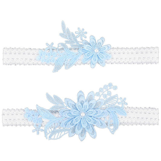 Amabro Wedding Elastic Garter, 2PCS Lace Floral Bride Garter with Pearls Stretchy Bridal Leg Garter Daisy Flower Garter Band Bridal Accessories for Women Girls Party Prom(Blue)