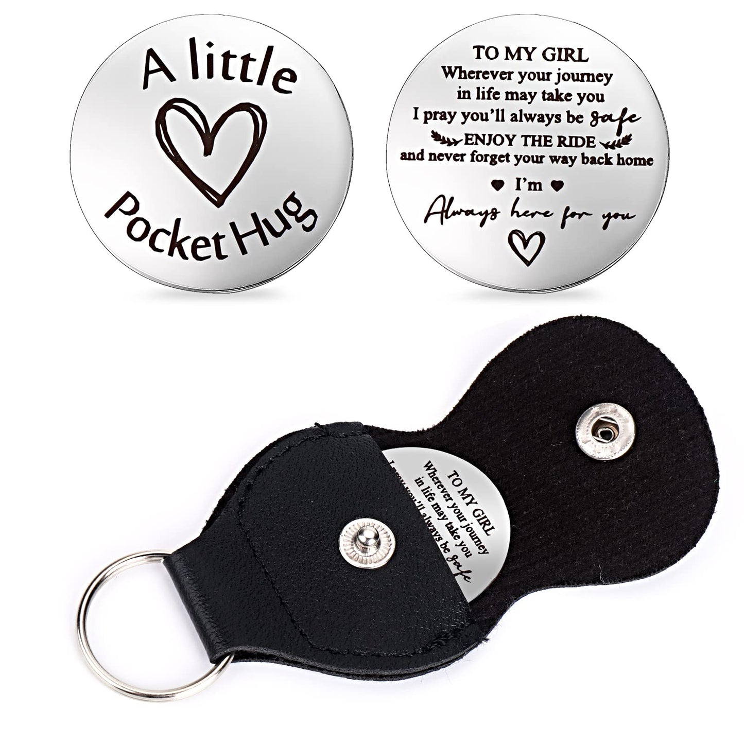 cobee Pocket Hug Token, Encouragement Long Distance Relationship Keepsake Stainless Stell Double Sided Inspirational Pocket Hug Token Gift with Leather Keychains for Family, Friends, Lovers(Style-D)