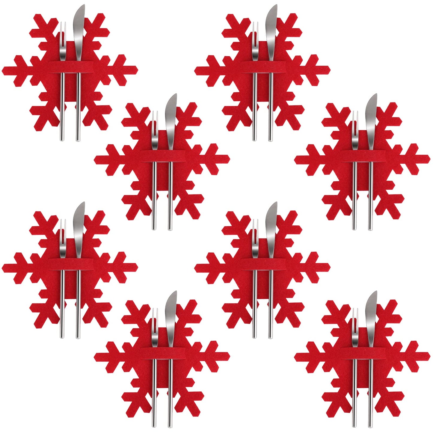 cobee Christmas Cutlery Holders, 8 Pcs Xmas Snowflake Tableware Christmas Silverware Cutlery Holders Pocket Knifes Forks Bags Dinnerware Decorations for Home Party(Red Snowflake)