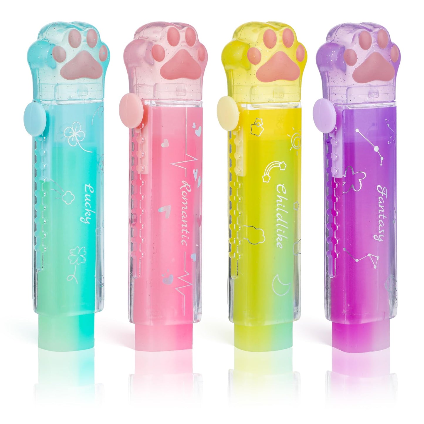 cobee Pen Erasers, 4 Pcs Cute Cat Paw Erasers for Kids, Sliding Retractable Erasers Gradient Colorful Rubber Push-Pull Erasers Pen-Style Pencil Erasers for Writing Drawing Office School Supplies