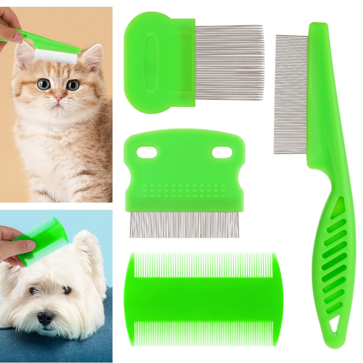 Molain Cat Dog Tear Stain Remover Comb Set, Pet Flea Lice Comb Grooming Comb Pet Hair Removal Tool Fur Comb for Puppy Kitten Multifunction (Green)