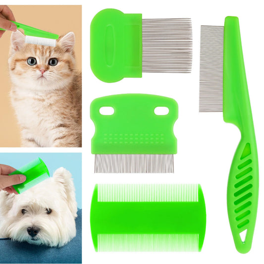 Molain Cat Dog Tear Stain Remover Comb Set, Pet Flea Lice Comb Grooming Comb Pet Hair Removal Tool Fur Comb for Puppy Kitten Multifunction (Green)