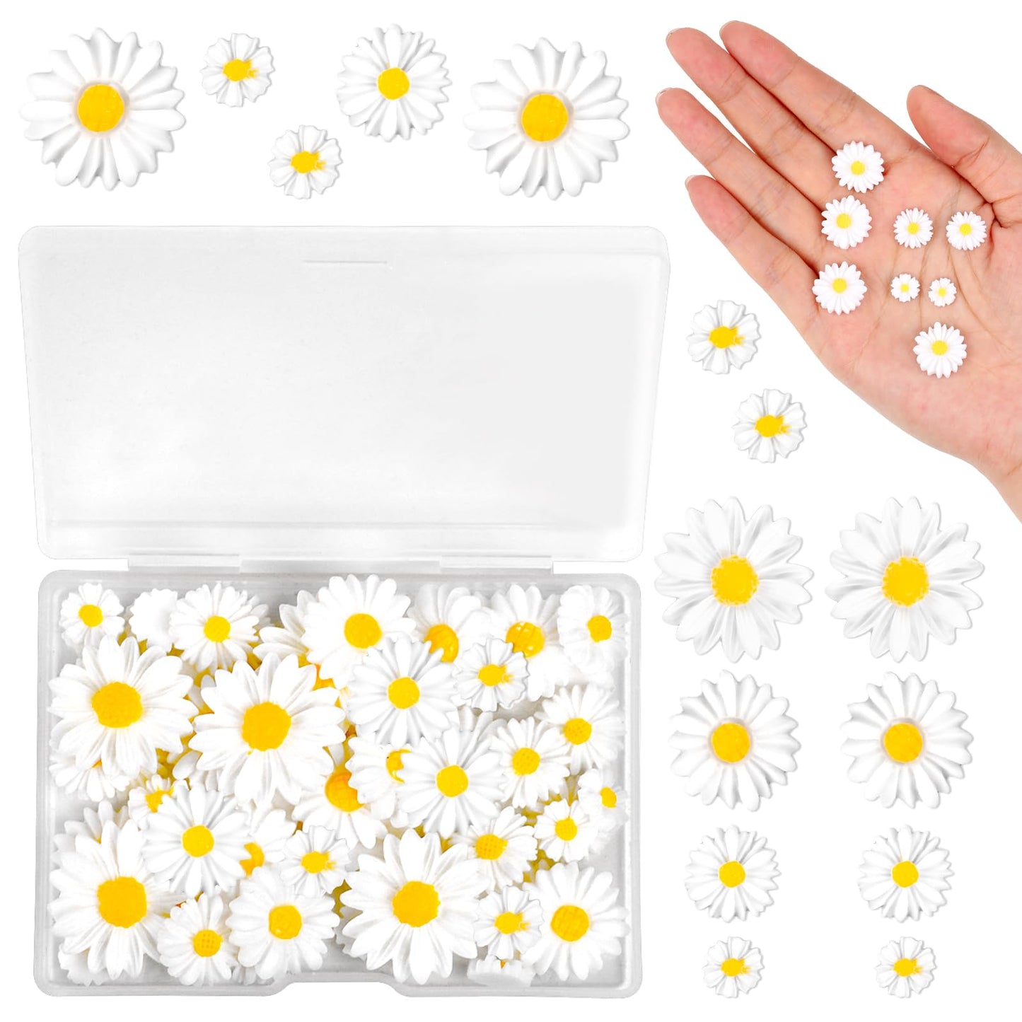 Molain 50pcs Mini Daisy Decorations, Resin Daisy Flowers Crafts Small Decorative Daisies Charms for DIY Crafts, Party, Home Decoration(White)