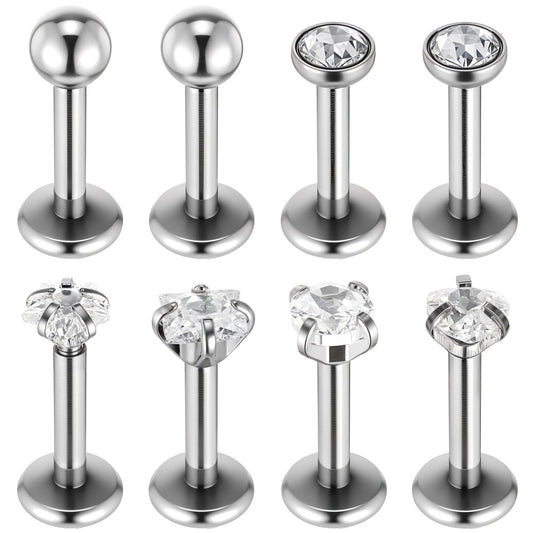 MBAIYO 8pcs Tragus Piercing Earrings Silver 16G Surgical Steel Lip Piercing Labret 6mm Helix Conch Jellyfish Nose Earrings with Star Heart Cubic Zirconia for Women and, 16g, Stainless Steel, No