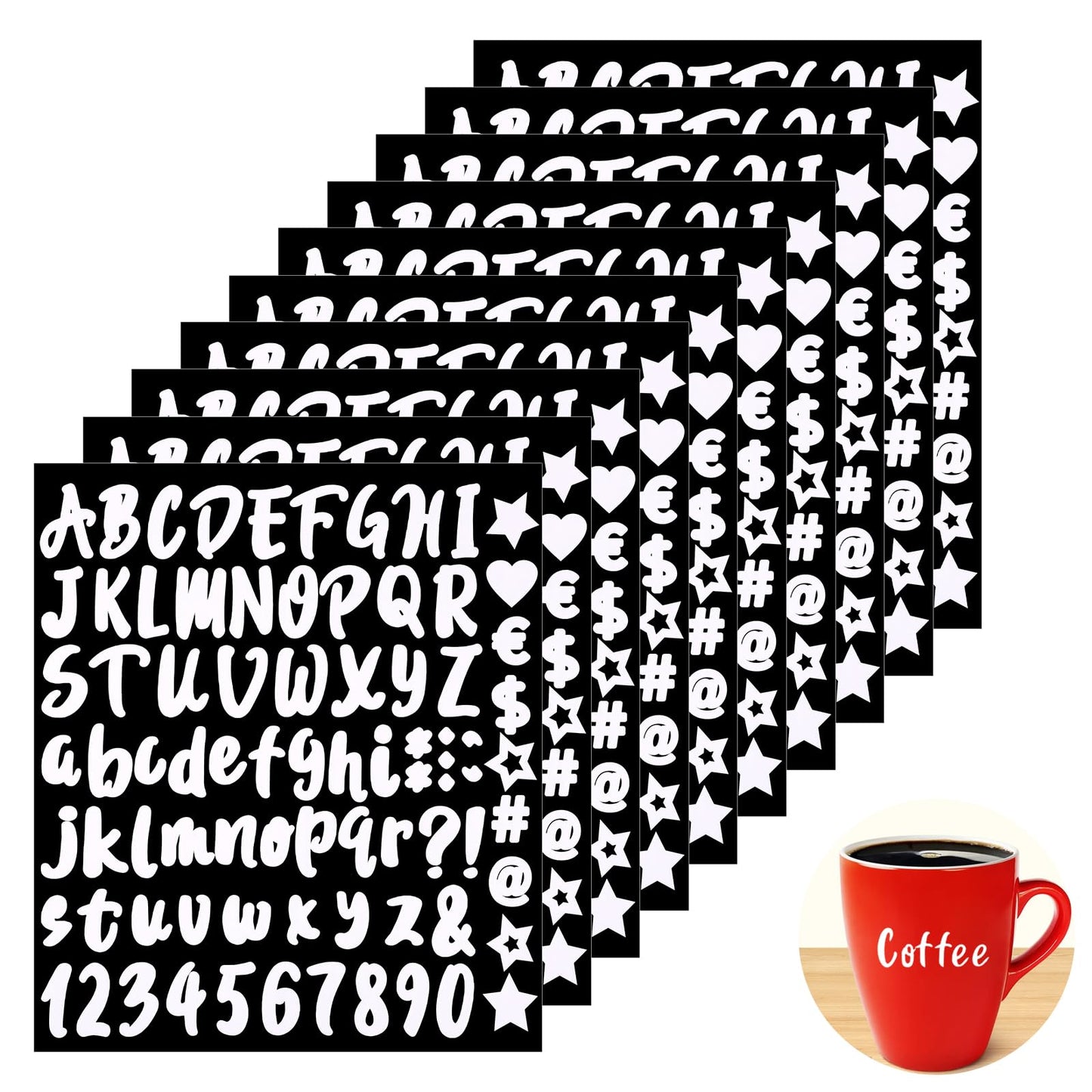 cobee 10 Sheets Black Alphabet Stickers, Self Adhesive Vinyl Letter Stickers, Stick On Letters for Mailbox, Water Bottles, Door, Car, Scrapbooking, Poster, Cup(White)