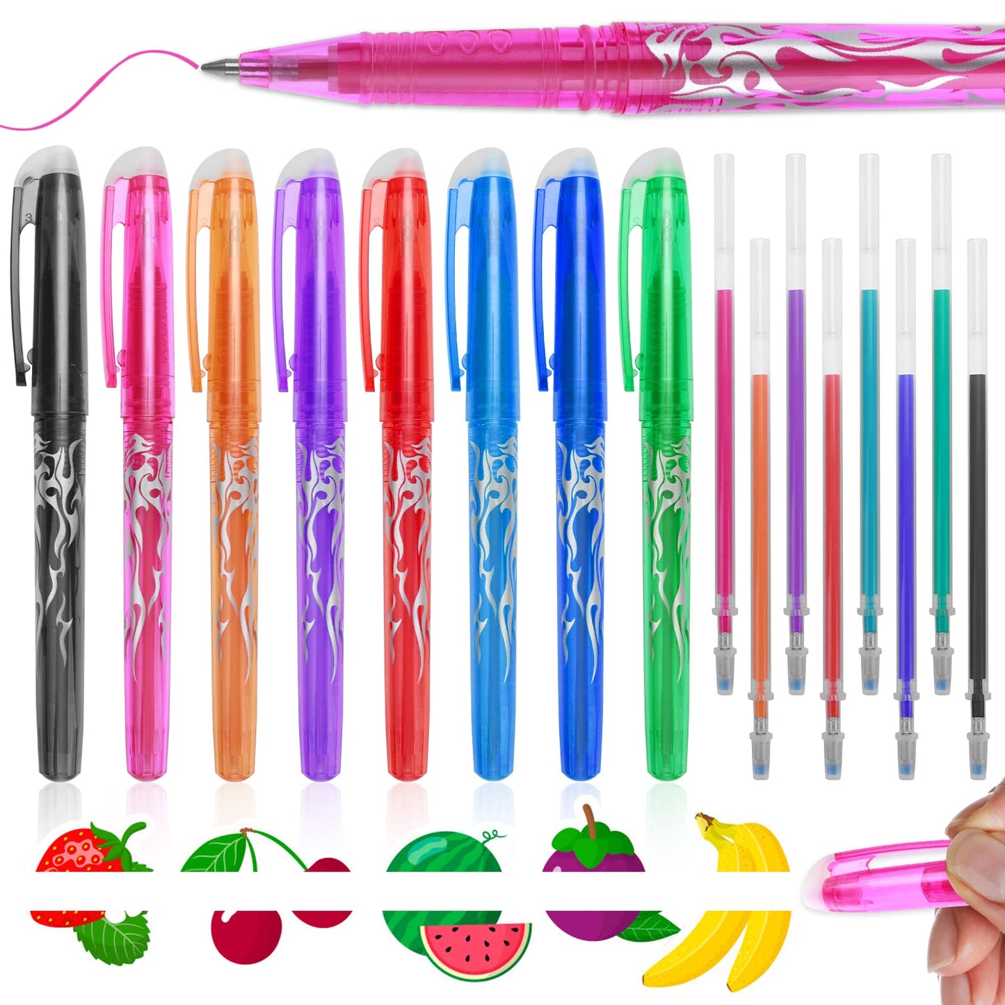 TIESOME 8 PCS Erasable Gel Pens Pens and 8 Refills, Colorful Erasable Pens 0.7mm Tip Rub Out Pens Ballpoint Pen with Rubber for Kids Adults Students School Office Stationary Supplies Study Gift