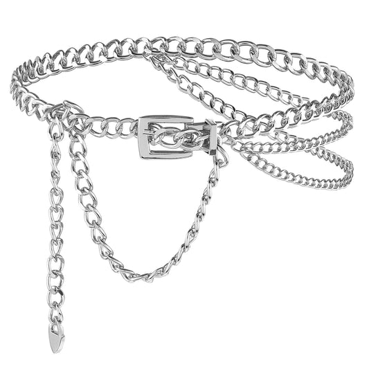 Amabro Multilayer Waist Chain Belt, Adjustable Metal Chain Dress Belt Women Girls Ladies Dress Jeans(Silver)