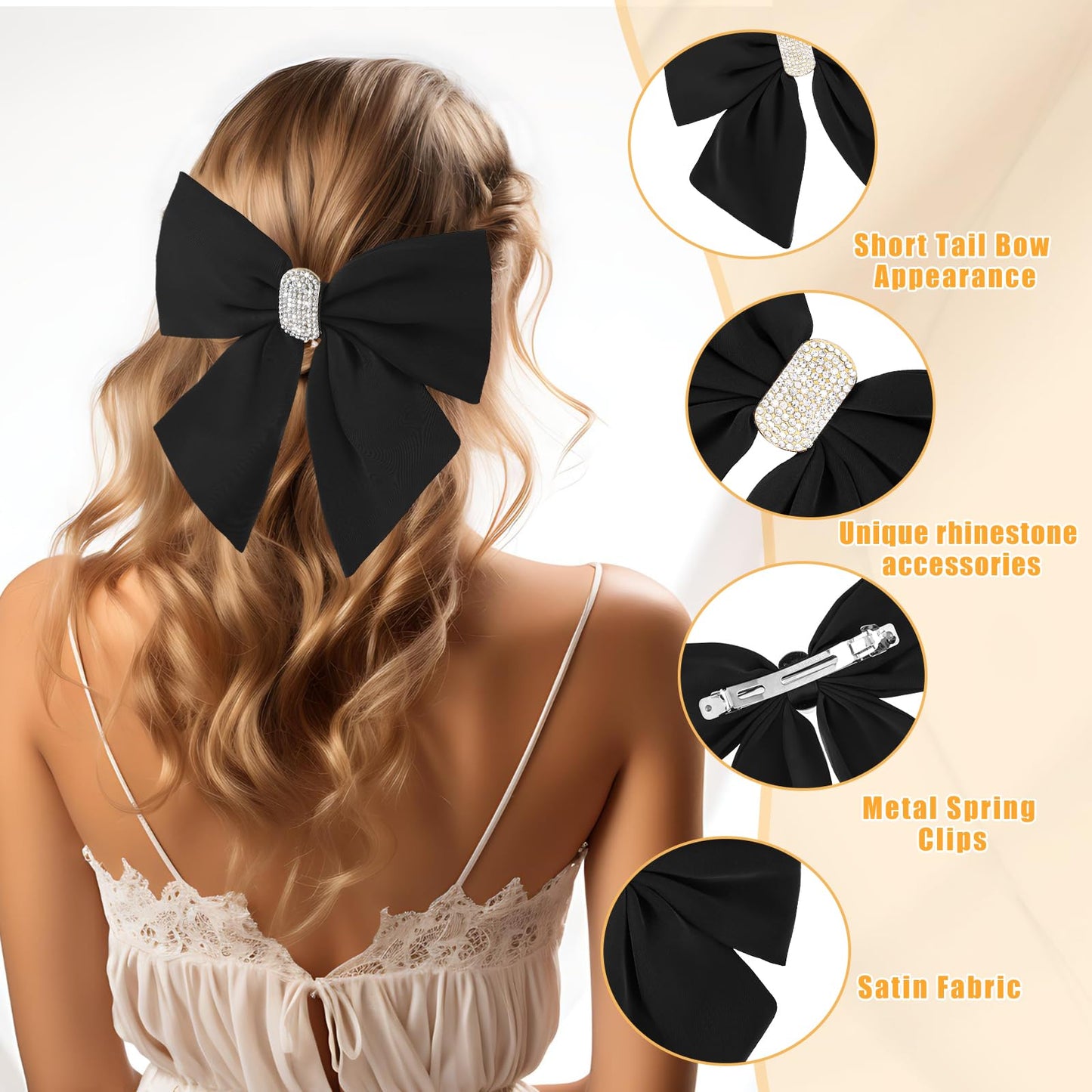 Andibro Short Tail Large Bow Hair Clip, French Bow Hairpins, Soft Silky Satin Bow Hairclips Aesthetic Bowknot Barrettes with Metal Clips for Dress Up 90's Accessories Decor for Wedding Party(Black)