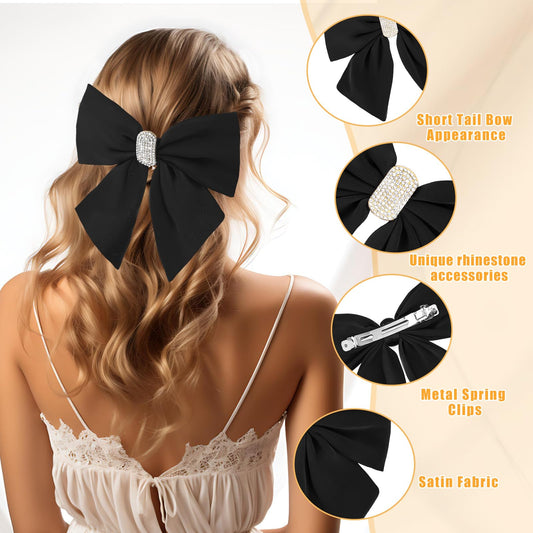 Andibro Short Tail Large Bow Hair Clip, French Bow Hairpins, Soft Silky Satin Bow Hairclips Aesthetic Bowknot Barrettes with Metal Clips for Dress Up 90's Accessories Decor for Wedding Party(Black)