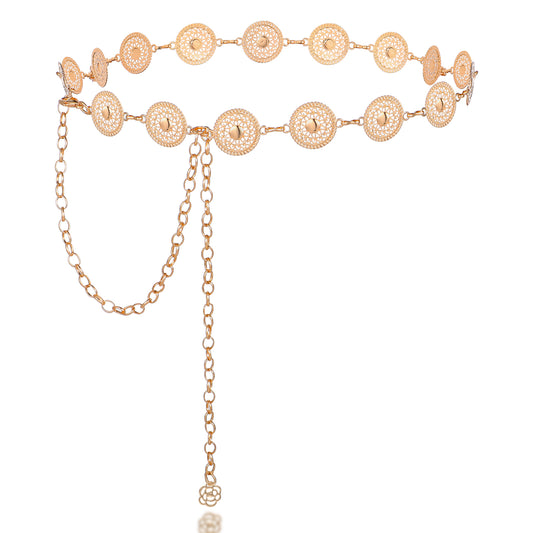 LXUEJIE Western Metal Concho Belt, Gold Boho Waist Chain Western Belts for Women Adjustable Hollow Out Daisy Chain Belt for Dress Jeans Country Concert Outfit