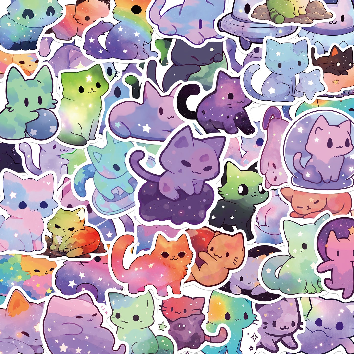 YUXMU 50 Pcs Cute Cat Stickers, Rainbow Starry Sky Kawaii Cat Stickers Waterproof Self Adhesive Vinyl Stickers for Scrapbooking Planner Journals and More