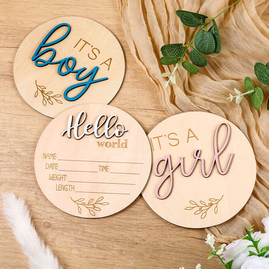 JIEYAO 3Pcs Newborn Announcement Sign, Gender Reveal Wooden Signs It's a Boy Girl & Hello World Baby Announcement for Nursery Decor Hospital Birth Photography Prop Boho Newborn Keepsake(Multicolor)
