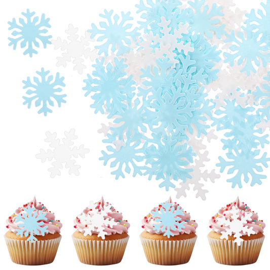 AOZUO 50PCS Edible Snowflakes Cupcake Toppers, White and Blue Rice Paper Cake Toppers for Christmas Winter Holiday Party Frozen Theme Wedding Birthday Cake Decoration Supplies