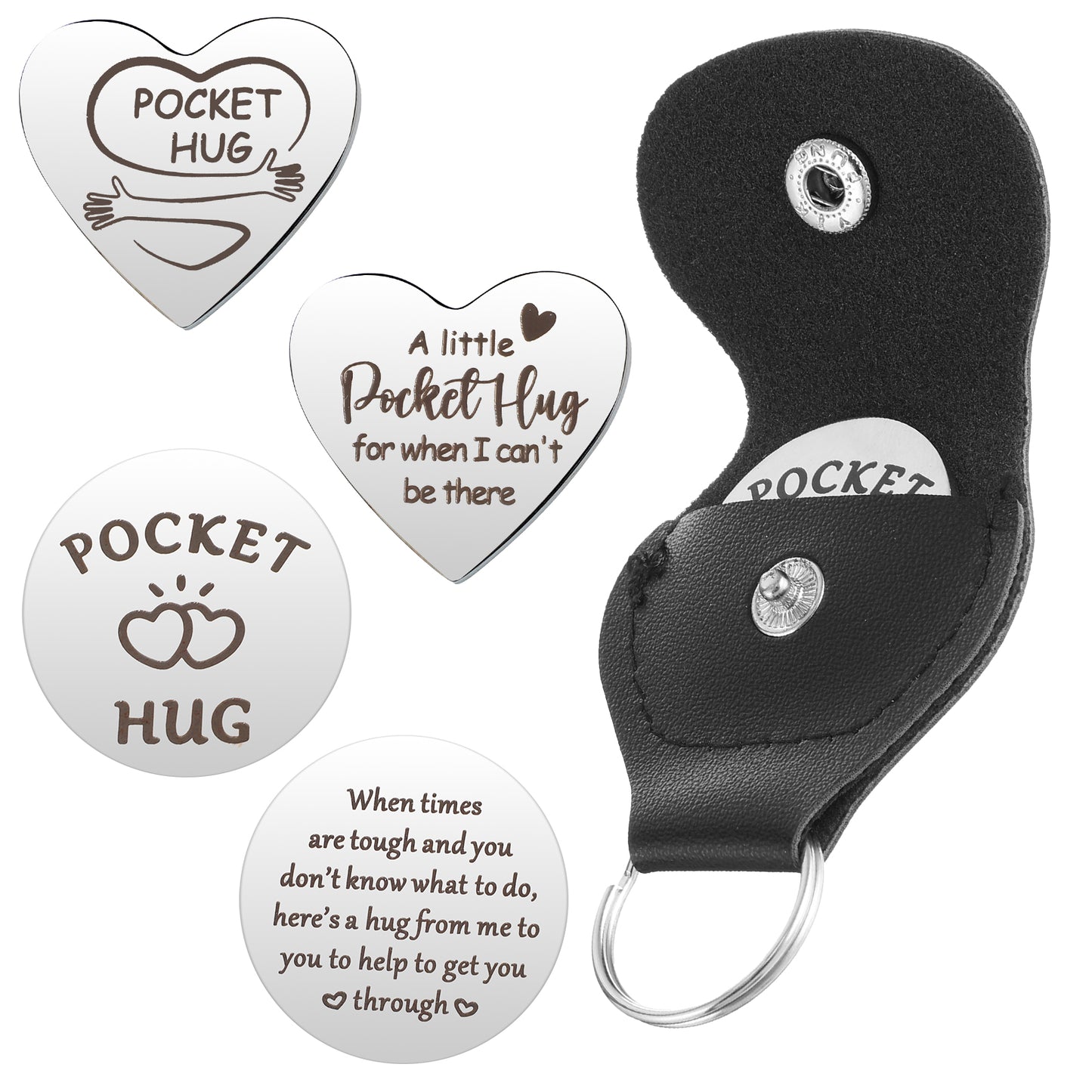 DOPENSPI 2PCS Pocket Hug Token, Leather Coin Holder with Stainless Double Sided Coin Motivational Little Pocket Hug Keychain Gifts for Women Men Christmas Birthday Long Distance Relationship Keepsake