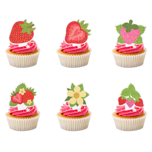 HJZHII 72PCS Strawberry Cupcake Toppers, Strawberry Flower Cake Decoration Cupcake Picks Birthday Strawberry Cake Decor Drink Topper for Summer Berry Strawberry Party Birthday Wedding Party Engagement