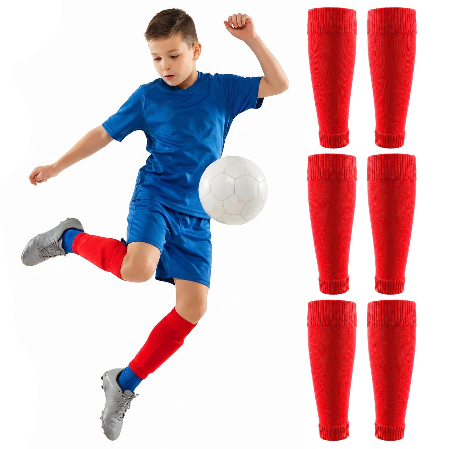 WJIAAA 3 Pair Football Sock Sleeves for Kids, Pre Cut Breathable Footless Socks with Shin Pads Protection for Youth Boys Girls Football Running Cycling Training (Black Red)(Red,Red)
