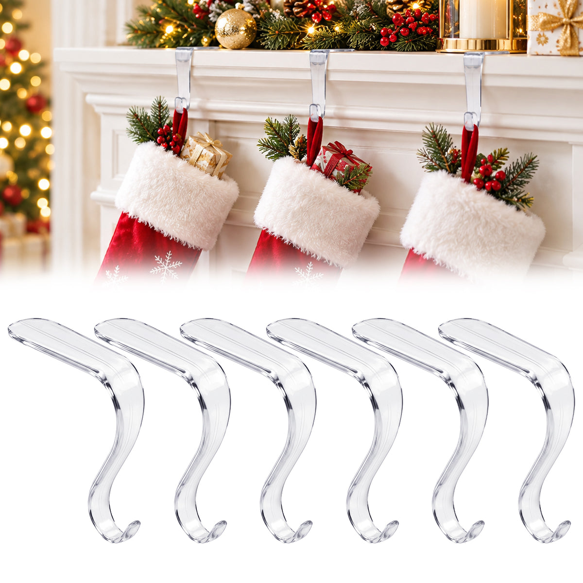 Amabro 6Pcs Christmas Acrylic Stocking Holders, Stocking Hook for Mantle
