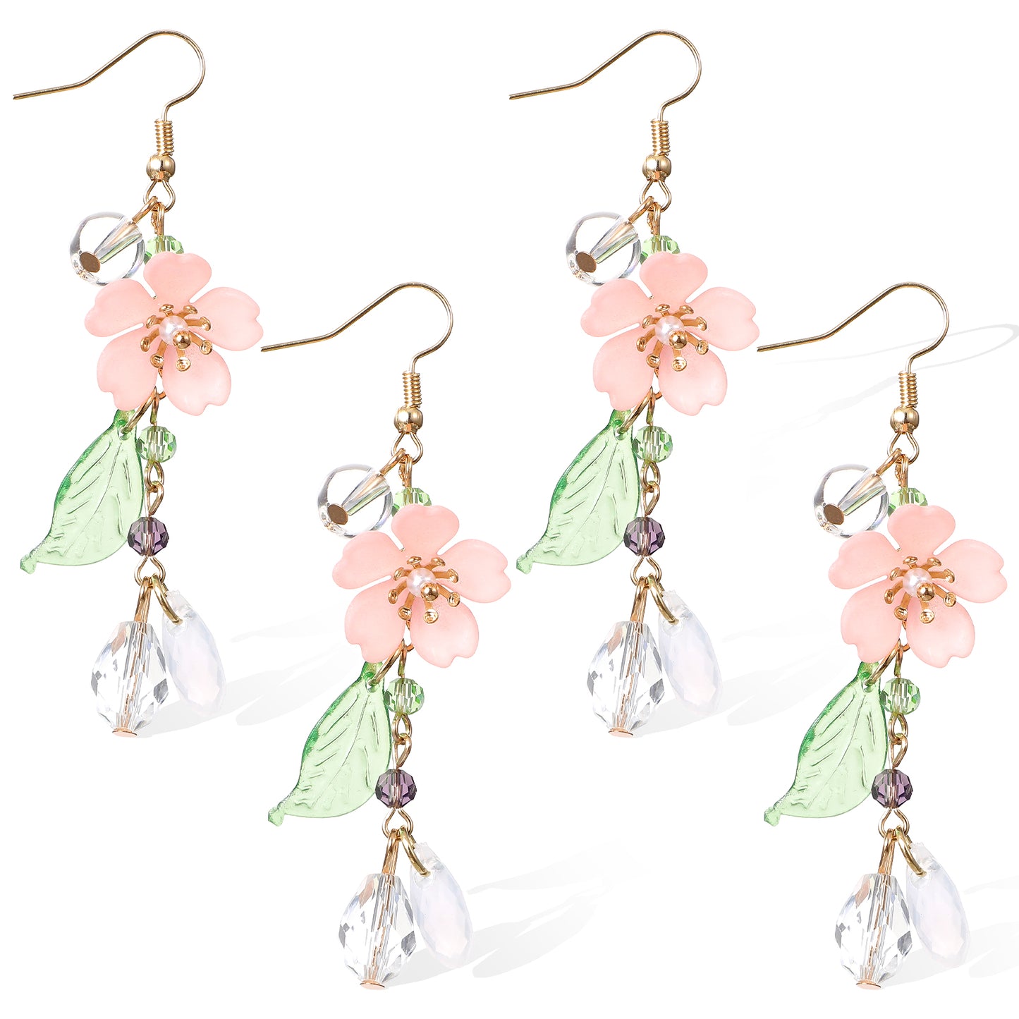 YUXMU 2 Pairs Flower Dangle Earrings, Pink Dangle Earrings for Women Cherry Blossom Floral Earrings with Gold Hook Lightweight Boho Summer Beach Vacation Jewelry Gift