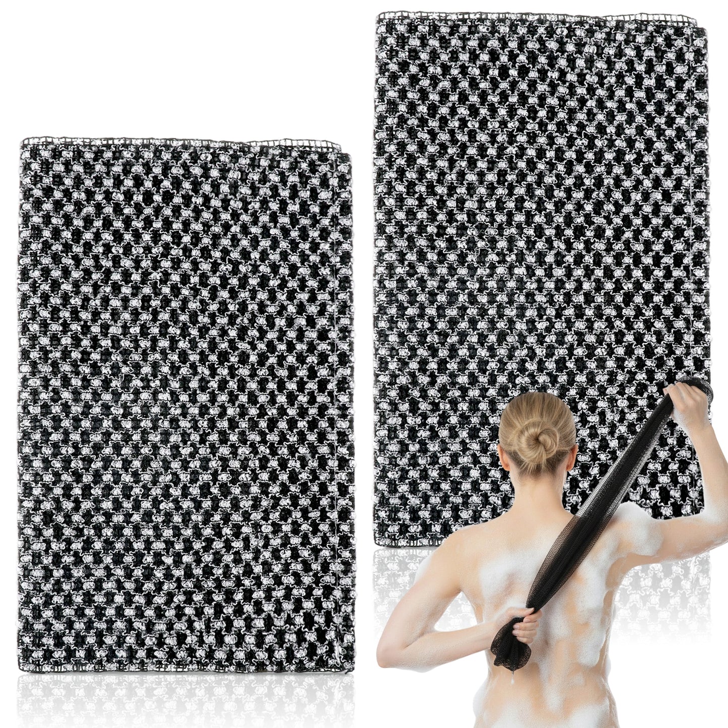 TIESOME 2 Piece Japanese Exfoliating Towel, Extra Long 39 Inch Exfoliating Washcloth for Back & Body, Deep Cleansing Body Scrub Back Scrubber for Men Women (Black ﻿)