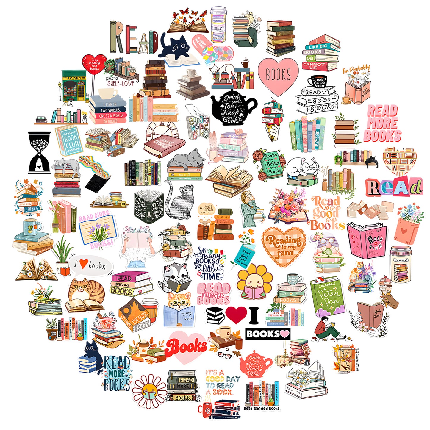 cobee 100 PCS Book Stickers for Kindle, Bookish Stickers Vinyl Waterproof Cute Decals Cat Reading Stickers for Booktok Water Bottle Laptop Phone Book Lovers Scrapbook