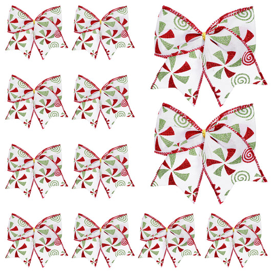 JIEYAO 12 Pcs Red Green Christmas Bows, 5.9“ Christmas Tree Candy Wreaths Bows, Xmas Elf Tree Dot Bows Peppermint Garland Ribbon Ornaments Santa Gift Decorations for Home Party Crafts Gift Wrap(White)