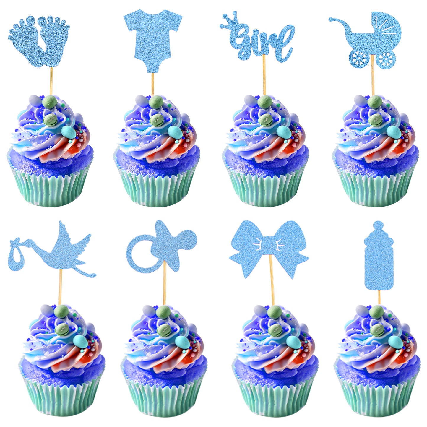 Bewudy 32 Pcs Boy or Girl Cupcake Toppers, Cupcake Toppers, Glitter Pacifier Onesie Jumpsuit, Gender Reveal Cupcake Picks for Baby Shower Gender Reveal Kids Birthday Party Supplies (Blue)