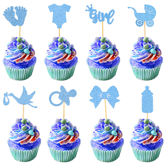 Bewudy 32 Pcs Boy or Girl Cupcake Toppers, Cupcake Toppers, Glitter Pacifier Onesie Jumpsuit, Gender Reveal Cupcake Picks for Baby Shower Gender Reveal Kids Birthday Party Supplies (Blue)