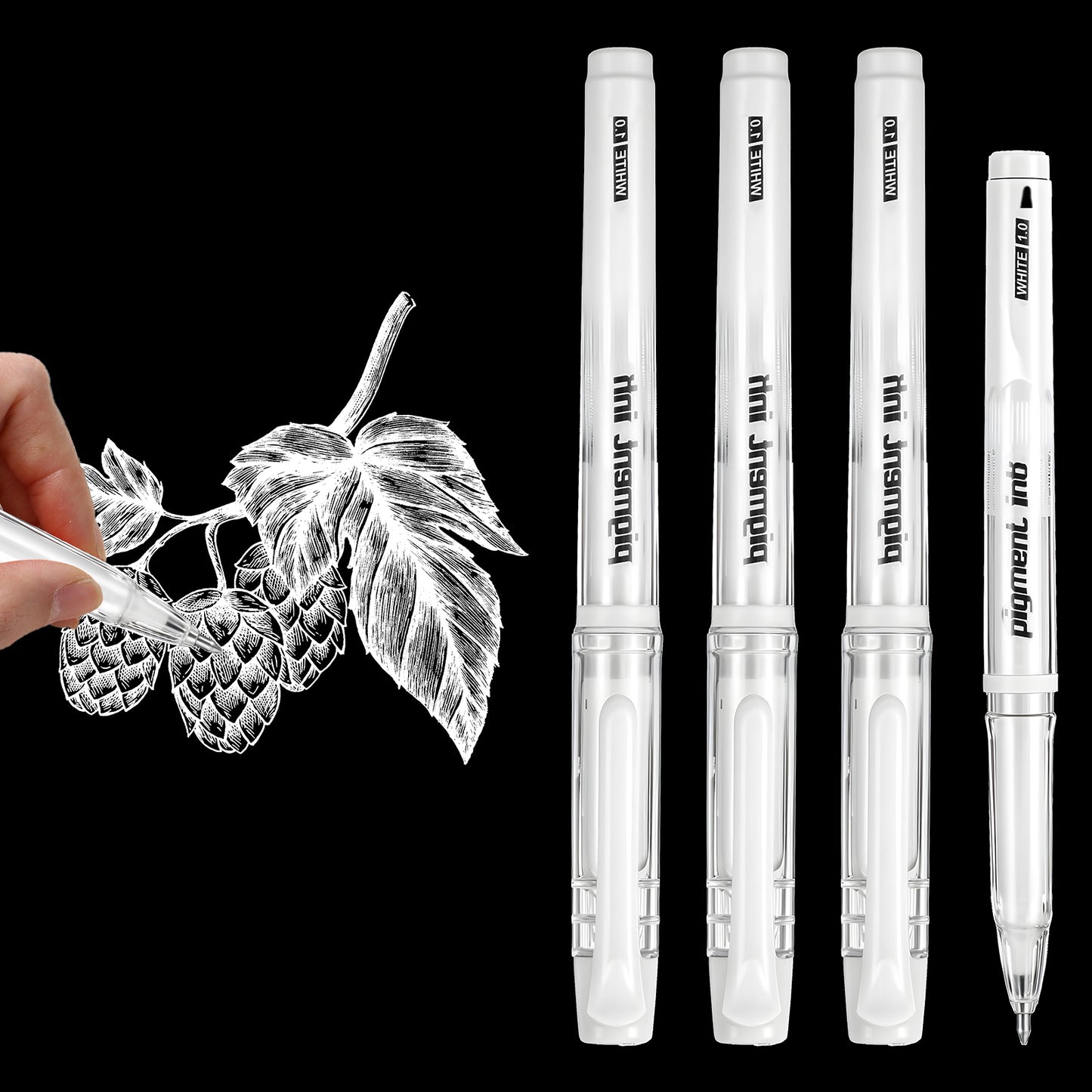 HJZHII White Gel Pen, 1mm Highlight Fine Liner Pens White Line Drawing Pen Quick Dry Ballpoint Pens for Art Drawing Sketching Writing Artists Black Paper Design Supplies, 4pcs