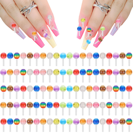 AOZUO 100PCS 3D Lollipop Candy Nail Art Charms, Colored Cute Nail Charms Kawaii Sweet Sugar Nail Manicure Accessories for Nail Art DIY Crafts Decoration Design Valentines Christmas