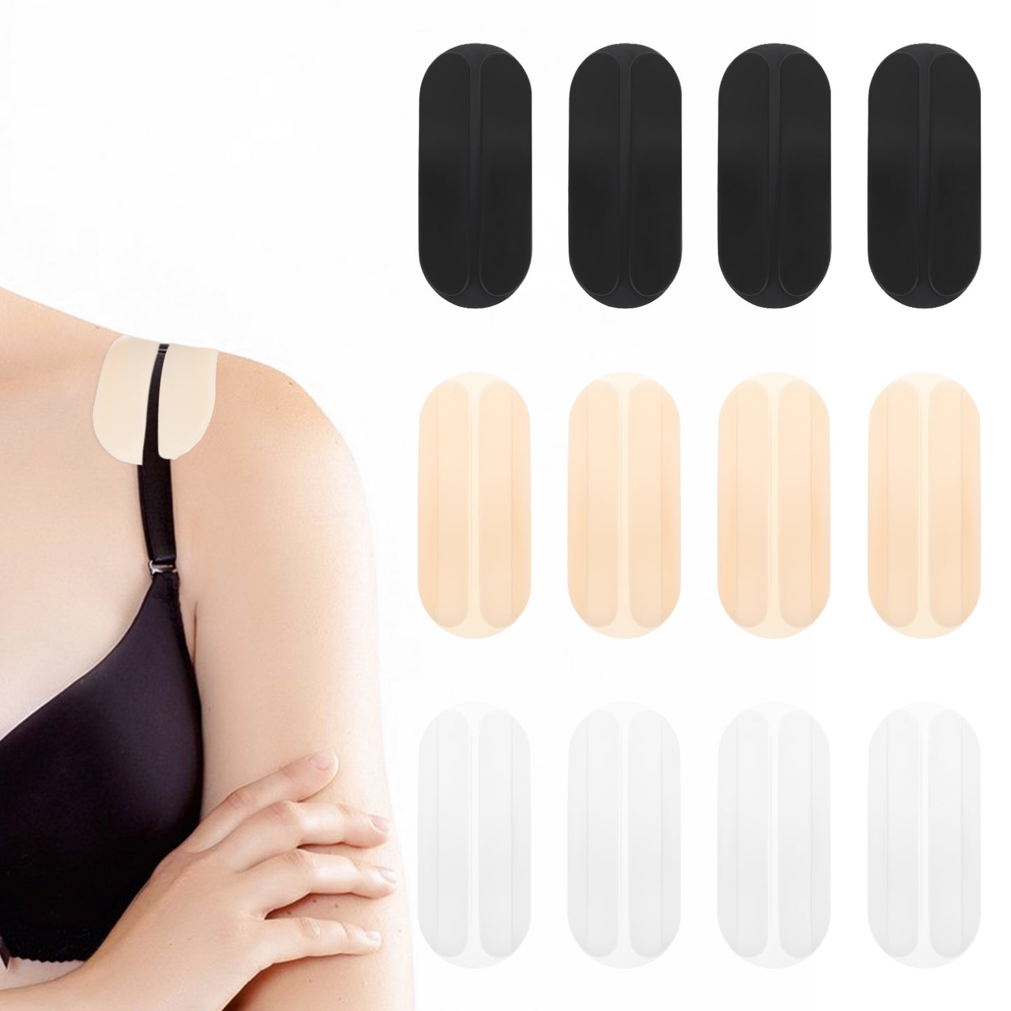 TIESOME 12Pcs Bra Strap Gel Pads Non Slip Shoulder Pads Bra Strap Cushion Pads Relieve Pain Shoulder Pads Bra Strap Pads Soft No Dents(Black, White, Skin Color)