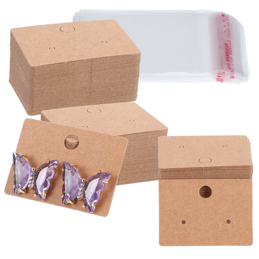 AOZUO 100pcs Earring Cards, Earring Display Holder Cards for Selling with 100pcs Self Adhesive Bags Kraft Paper Earrings Tags Hanging Earring Cards for Ear Studs and Earrings Jewelry Display