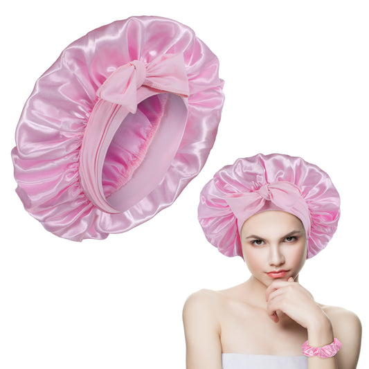 JIYIN 2pcs Adjustable Satin Bonnet for Women, Double Layer Silk Bonnet for Sleeping, Soft Hair Bonnet for Sleeping with Tie Band, Comfortable Silk Hair Bonnets for Curly Hair Braids(Pink)