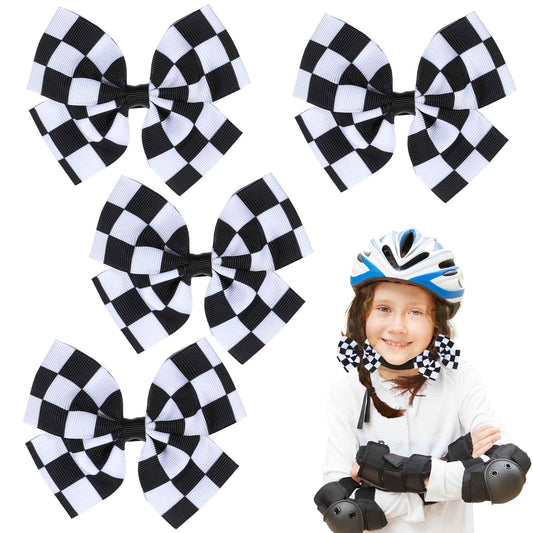 AOZUO Checkered Flag Hair Bow Clips, 4pcs Black and White Racing Fan Pigtail Hair Holders Hair Barrettes Clips Plaid Hair Accessories for Women Girl Thick Thin Curly Straight Hair