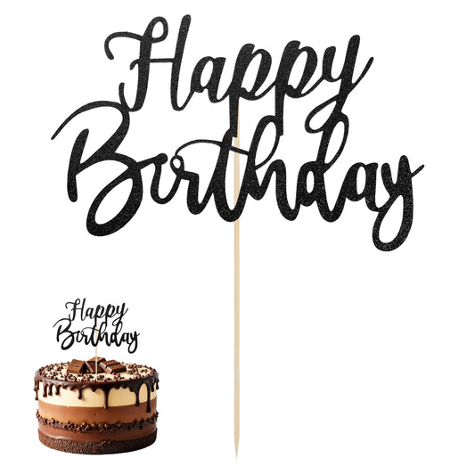 JIYIN Happy Birthday Cake Topper, Black Glitter Cake Toppers Birthday Party Decorations for Cupcake DIY Cake Anniversary CakesCakes(Black)