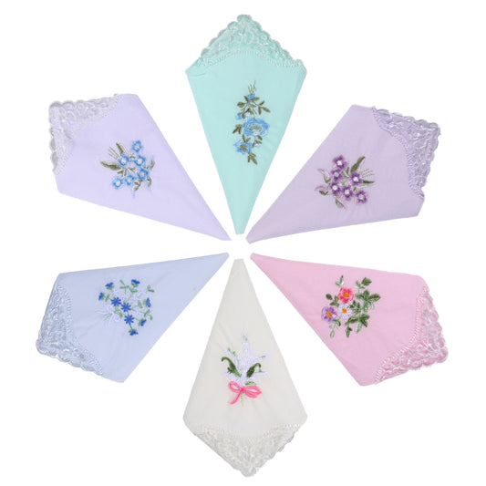 Bewudy 6pcs Vintage Floral Embroidered Handkerchiefs for Women, Butterfly Lace Hanky, Cotton Embroidery Ladies' Vintage Floral Lace Handkerchiefs for Wedding Party