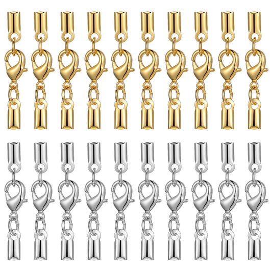 HJZHII 20Pcs Cord End Caps with Lobster Clasp Connector, Stainless Steel Necklace Jewellery Making Lobster Clasps for Necklace, Bracelet, DIY Craft Jewellery Making - 10 Pcs Silver/10 Pcs Gold