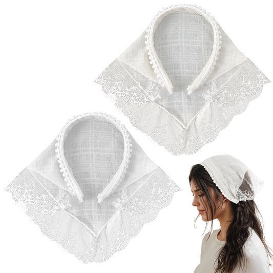 HJZHII 2 Pcs Hair Scarf Headband for Women, White Lace Head Kerchief Camping Headband Lace Hair Bandana Triangle Head Coverings Non Slip Hairs Accessories for Taking Photo