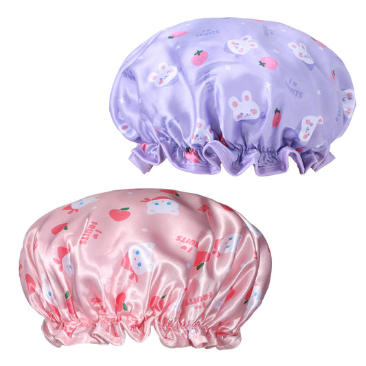 BOHUIZ Shower Cap for Kids, 2 Pcs Toddler Shower Cap Waterproof Double Layers Shower Caps Cute Bonnets Elastic Band Bonnet Satin & Eva Soft Kid Sleeping Cap Reusable Kids Showers Caps(Pink + Purple)
