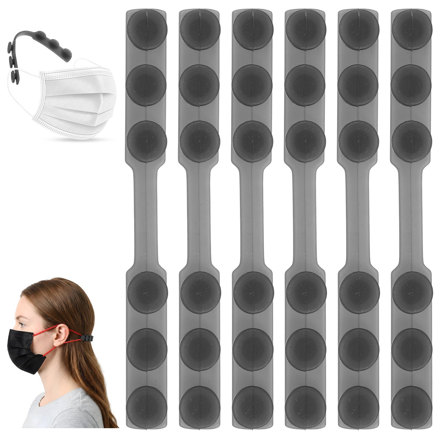 WJIAAA 6Pcs Mask Holders to Protect Ears, Soft Silicone Face Mask Extender Strap with Adjustable Length for Back of Head, Reusable & Stretchable to 6.69in(Black)