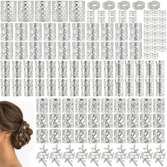 LIQWEI 130pcs Silver Hair Jewelry for Braid,Hair Cuff Dreadlock Accessories