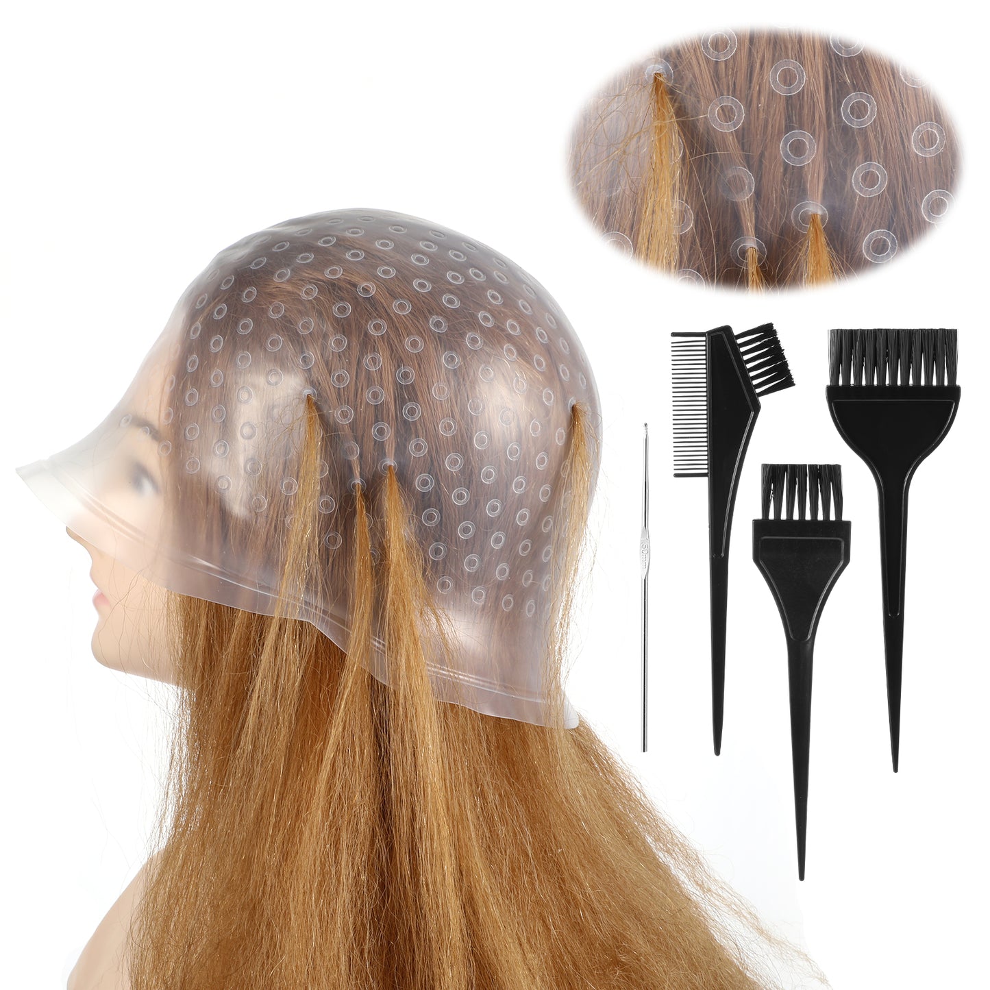 Jeffdad Professional Silicone Highlight Cap, Reusable Hair Coloring Highlighting Cap with 3 Brushes and 1 Needle for Color Hair Salon Hairdressing Women Men(White)