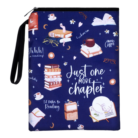 HJZHII Waterproof Book Sleeve, Just One More Chapter Book Covers with Zipper and Front Pocket Washable Books Protector for Readers Lovers Gifts Books Accessories for Travel(Blue)