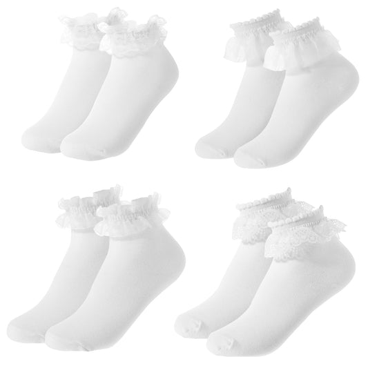 JIYIN 4 Pairs Women Lace Ruffle Socks, White Lace Ankle Socks Breathable Cotton Crew Ruffled Socks Lettuce Edge Boot Socks(Style B)