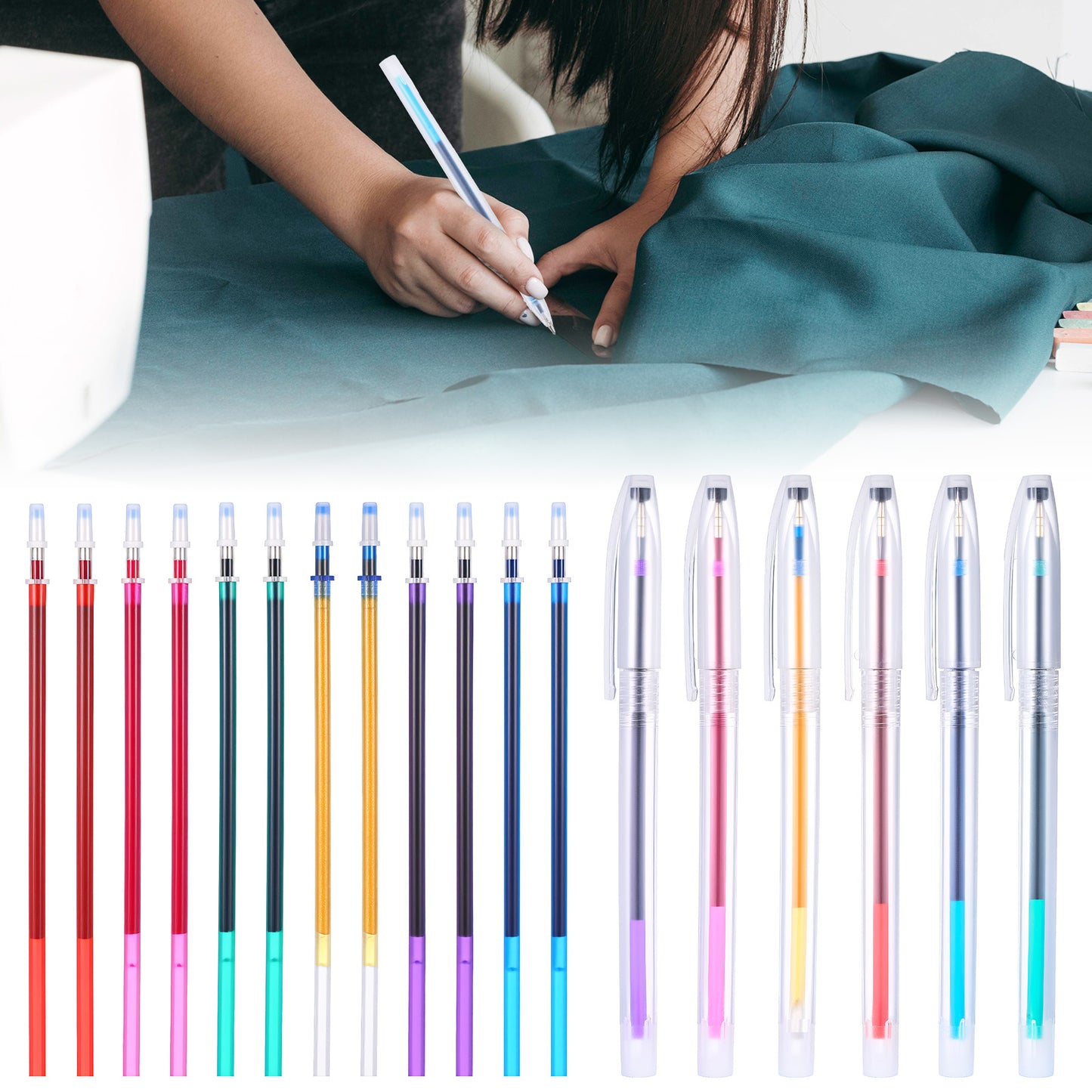 GEEHUA 24 Pcs Water Erasable Marking Pen, Replaceable Water Soluble Pen Washable Fabric Markers (6 Pens+18 Refills,Silver Red Green White Purple Pink Blue) for Quilting Sewing DIY Dressmaking Embroi