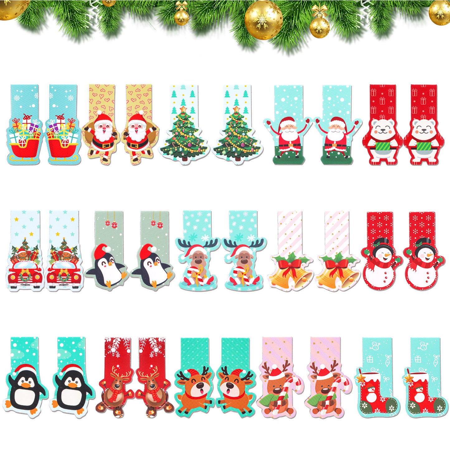 GEEHUA 30 Pcs Christmas Magnetic Bookmarks Bulk, Cute Cartoon Xmas Bookmarks Double Sided Page Clips with Santa Claus Snowman Reindeer Classic Pattern Holiday Party Gift Supplies for Book Lovers